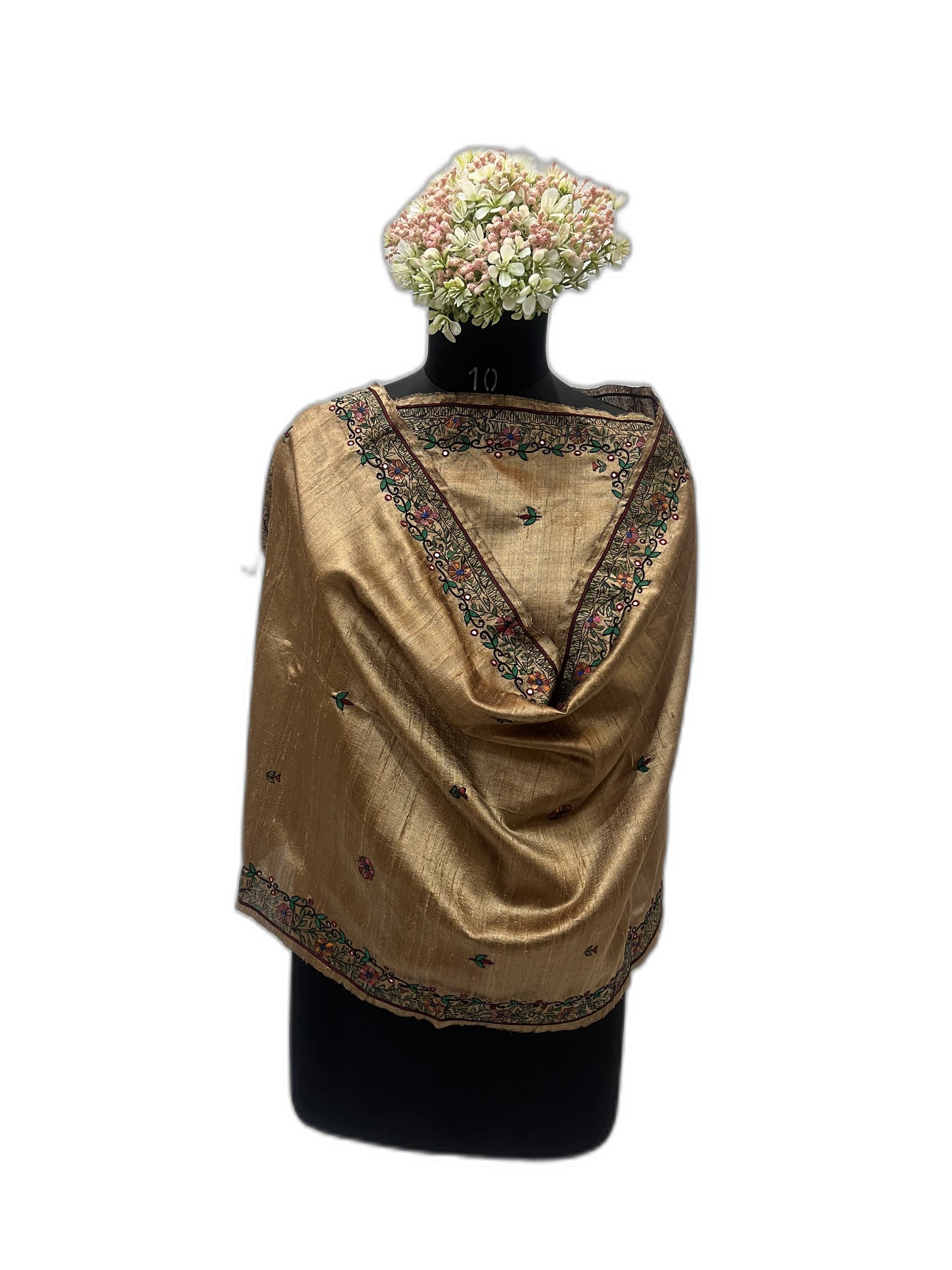 Dupion Silk Stole in Brown with Hand Embroidery (AARI WORK) and Madhubani